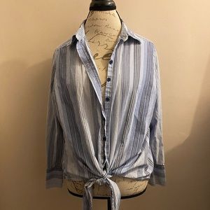 Blue Striped Button Down Tie Front Blouse